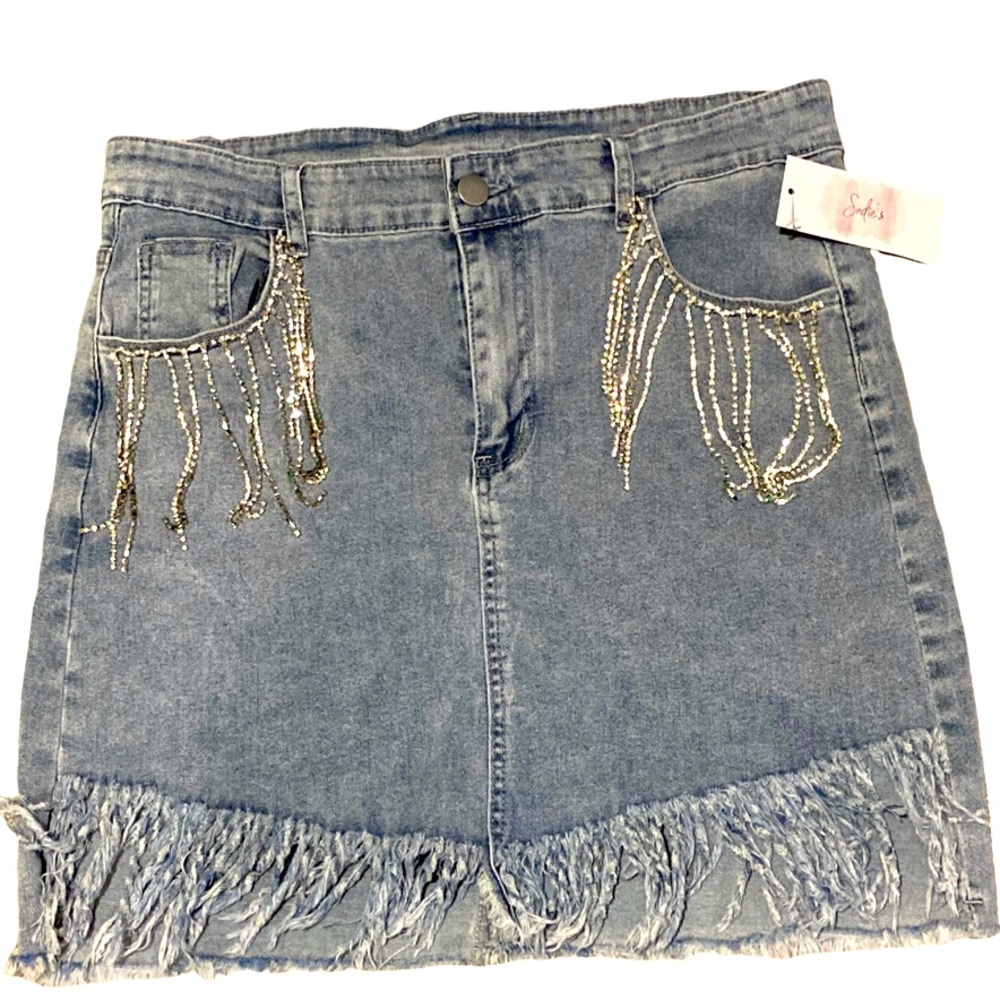 Blue Denim Mini Skirt with Fringe & Rhinestone Trim - Picture 5 of 7